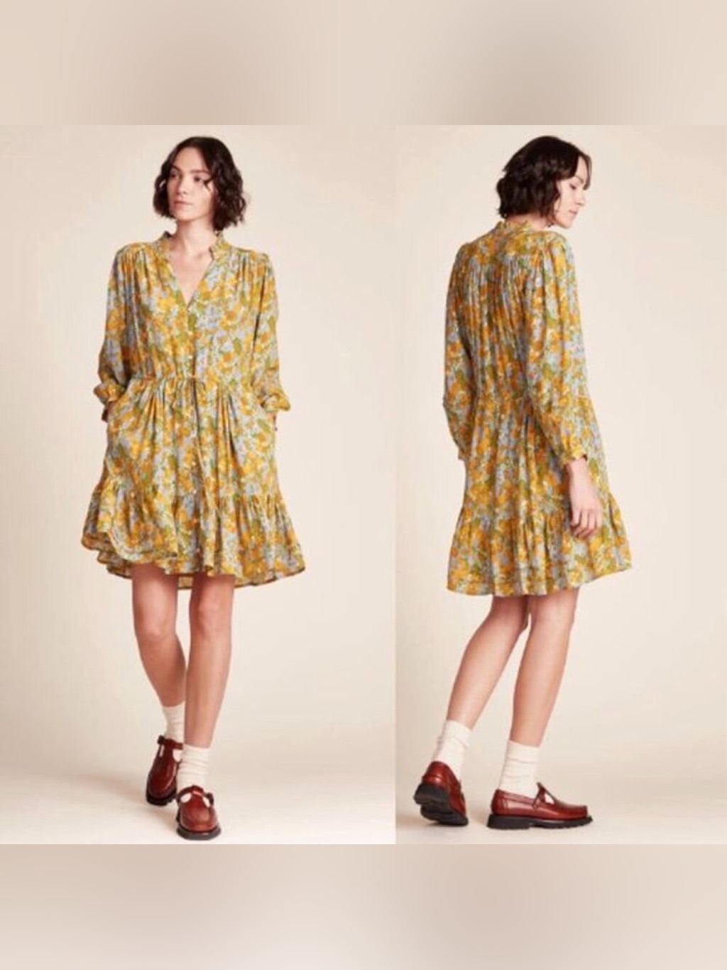 Birds Of Paradis Yulia Long Sleeve Fit-And-Flare Shirtdress In Golden Briar